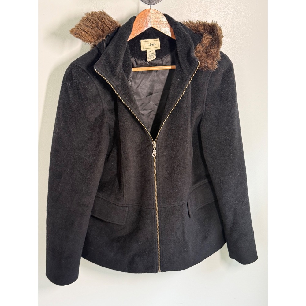 LL Bean Womens Wool Blend Faux Fur Trim Hooded Full Zip Jacket Black Large